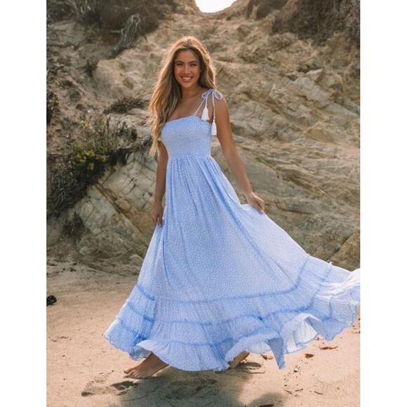NWT Olia Bradlea Tassel Tie‎ Smocked Maxi Dress Womens S Blue  Cottagecore - Picture 1 of 11